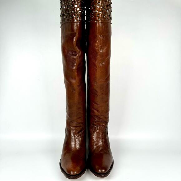 FRYE Demi Brown Tall Leather Studded Over The Knee Heeled Riding Boots Size 7 - Picture 8 of 11